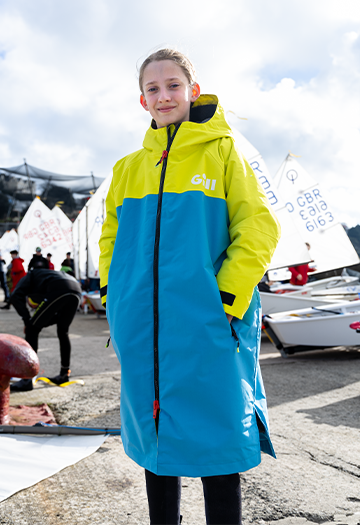 Junior wearing Aqua Parka in Sulphur & Bluejay