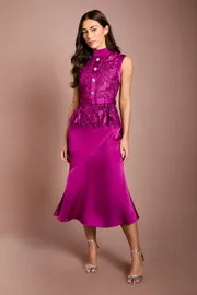 Sleeveless Lace Bodice With Satin Skirt Midi Dress