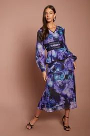 Printed Long Sleeve V Neck Peplum Midi Dress