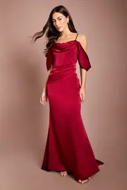 Cowl Neck Corset Drape Satin Maxi Dress