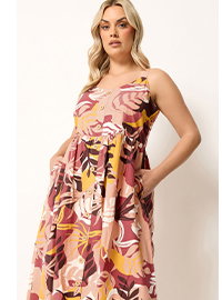 YOURS Midikleid in Orange aus Leinen mit tropischem Print