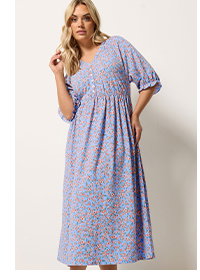 YOURS – Kleid in Blau mit Blümchenmuster und Raglanärmeln