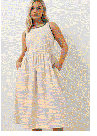 YOURS – Midikleid in Naturbraun mit kontrastierenden Ziernähten
