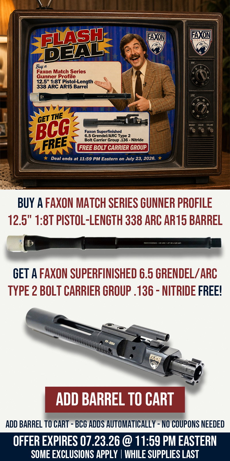 BUY A FAXON MATCH SERIES 12.5 PISTOL-LENGTH 1:8 338 ARC AR15 BARREL - GET A 6.5 GRENDEL BCG FOR FREE