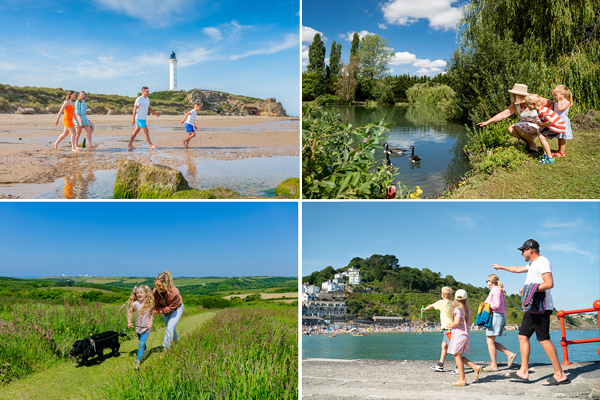 Images of families enjoying the beach and a bike ride