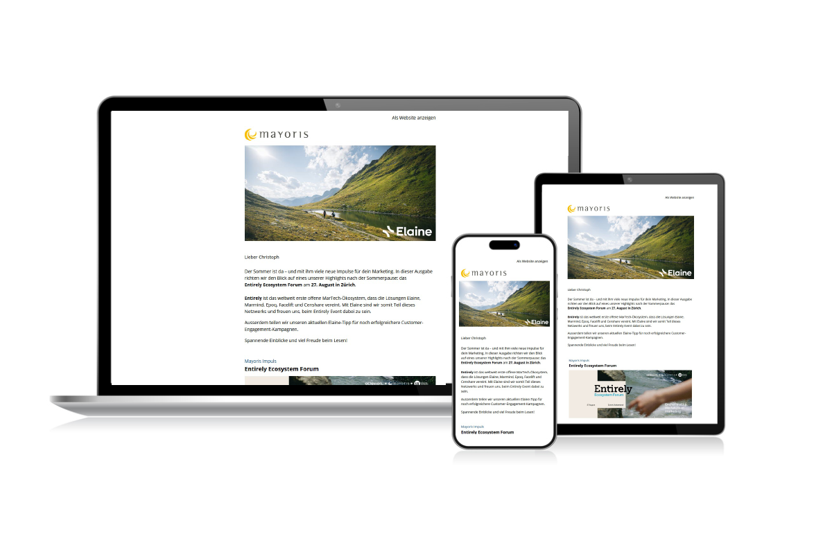 Darstellung von E-Mail auf Laptop, Tablet und Smartphone.