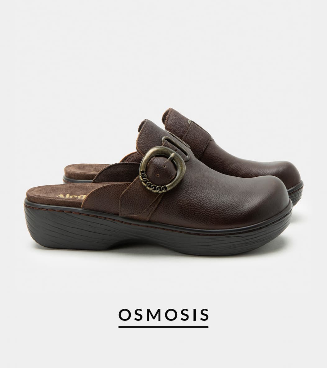 A side profile view of a pair of "Osmosis" slip-on mules. The shoes feature a textured brown pebbled leather upper, an open-back design with a brown suede footbed, a thick strap across the instep secured by a large antique brass buckle, and a dark grey or black textured rocker outsole.