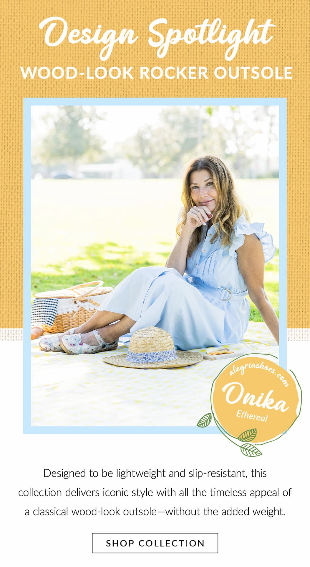 An image featuring a woman sitting on a picnic blanket in a grassy field, wearing a light blue dress and floral Alegria Onika Mary Jane shoes in Ethereal. The text above reads "Design Spotlight: WOOD-LOOK ROCKER OUTSOLE". A circular badge on the side reads "alegriashoes.com Onika Ethereal". The bottom description details the lightweight, slip-resistant collection above a "SHOP COLLECTION" button.
