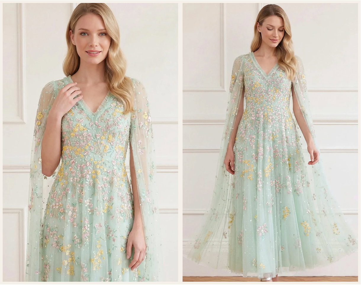 Versailles Ditsy V-Neck Cape Sleeve Ankle Gown