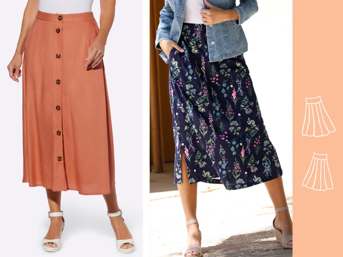  Twee rokken: links een effen, knielange rok met knopen in roestkleur, rechts een donkerblauwe, knielange rok met bloemenpatroon en een zijsplit.