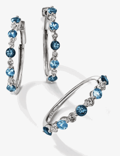 Le Vian blue gemstone hoop earrings and matching bangle bracelet in white gold with diamond accents.