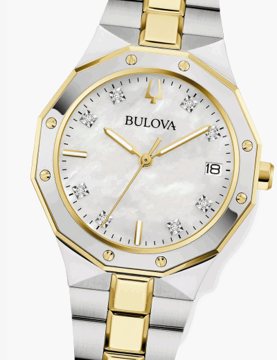Two-tone Bulova watch with a white mother-of-pearl dial, diamond hour markers and gold-tone bracelet.