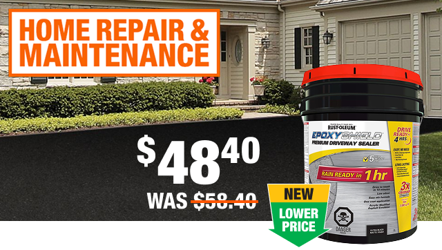 A bucket of epoxy driveway sealer, ready for use after an hour. Price lowered to $48.40, available at The Home Depot.
