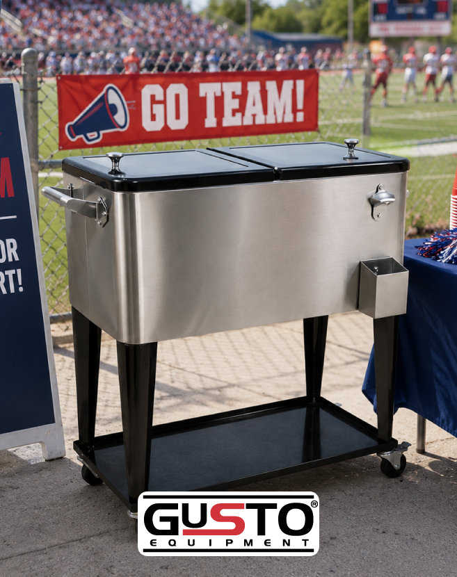 GUSTO Equipment insulated cooler with dual hinged lids positioned at an outdoor sporting event, with a ‘Go Team!’ banner visible in the background.