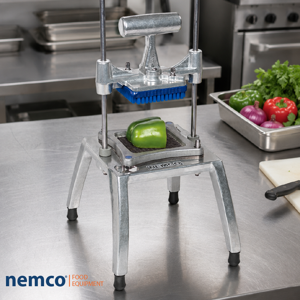 Nemco food dicer cutting a green bell pepper on a stainless steel prep table, with fresh vegetables arranged nearby.