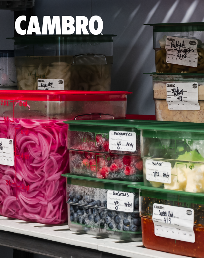 Cambro Camwear® food storage containers filled with prepared ingredients including pickled onions, berries, vegetables, and sauces, organized on refrigerator shelving with date labels for food storage and inventory management.