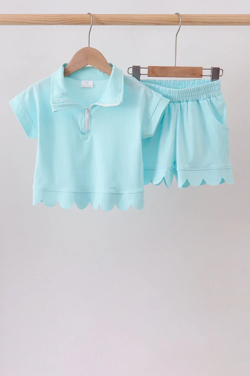 Image of Light blue scalloped zipper shorts set