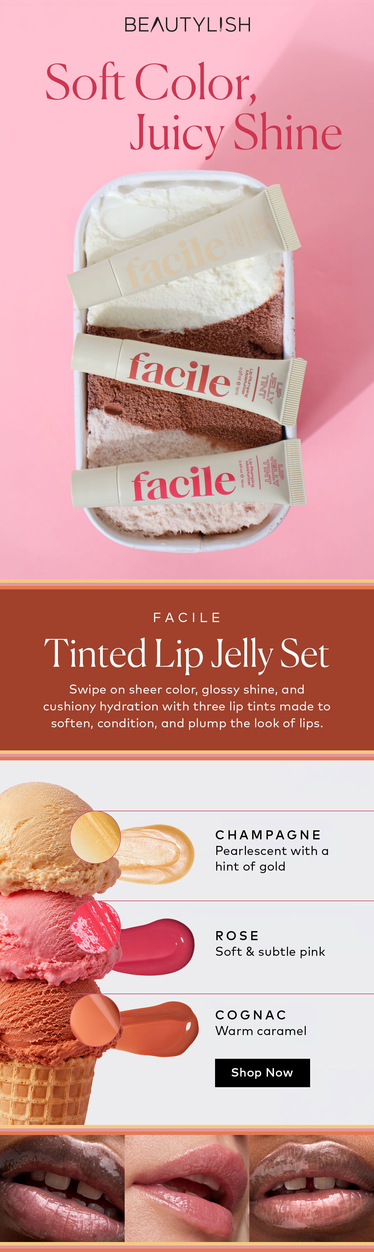 Swipe on sheer color, glossy shine, and cushiony hydration with three lip tints made to soften, condition, and plump the look of lips. Shop the Facile Summer Tinted Lip Jelly Set on Beautylish.com