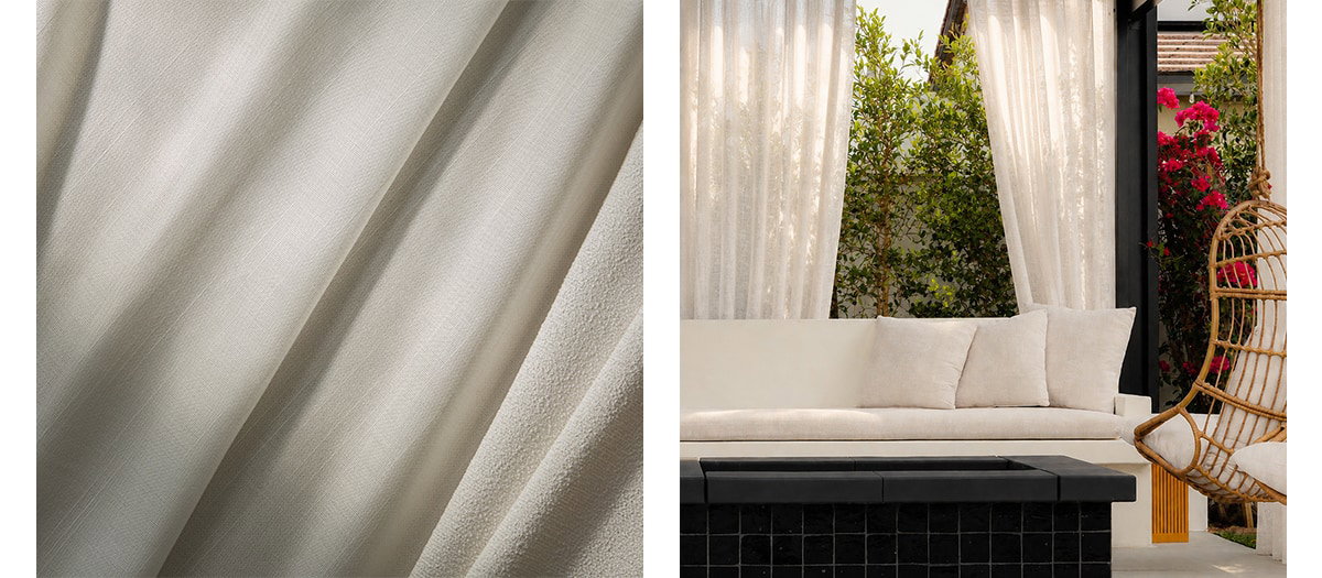 Sunbrella outdoor drapery around a firepit seating area