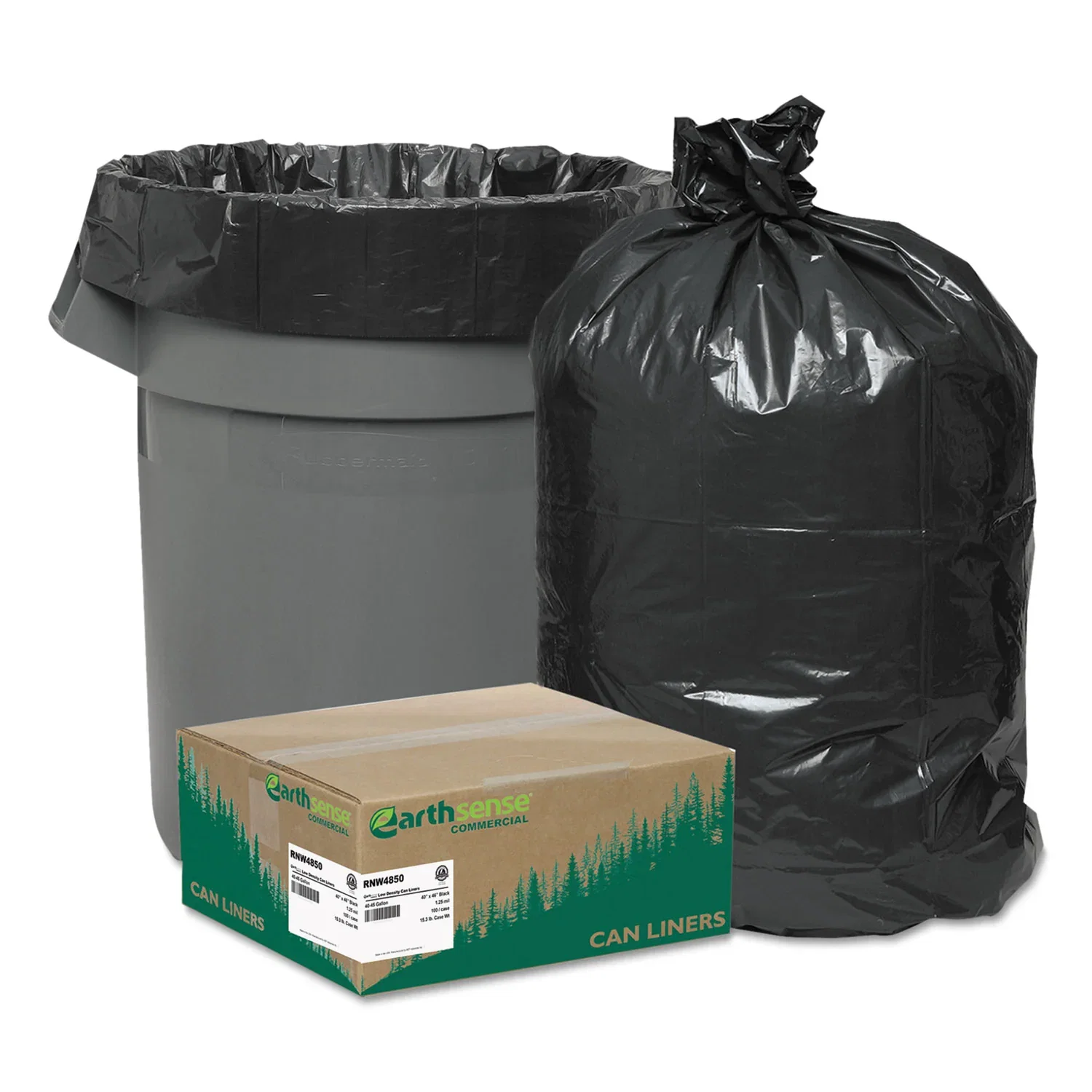 Image of Earthsense® Commercial Linear Low Density Recycled Can Liners, 45 gal, 1.25 mil, 40" x 46", Black, 100/Carton (WBIRNW4850)