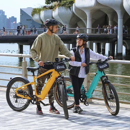 Two cyclists pausing with their bikes on a waterfront boardwalk.