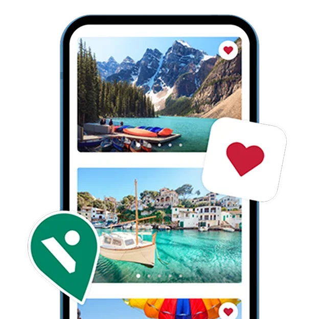 A smartphone screen showing a travel app with a heart icon and a map pin