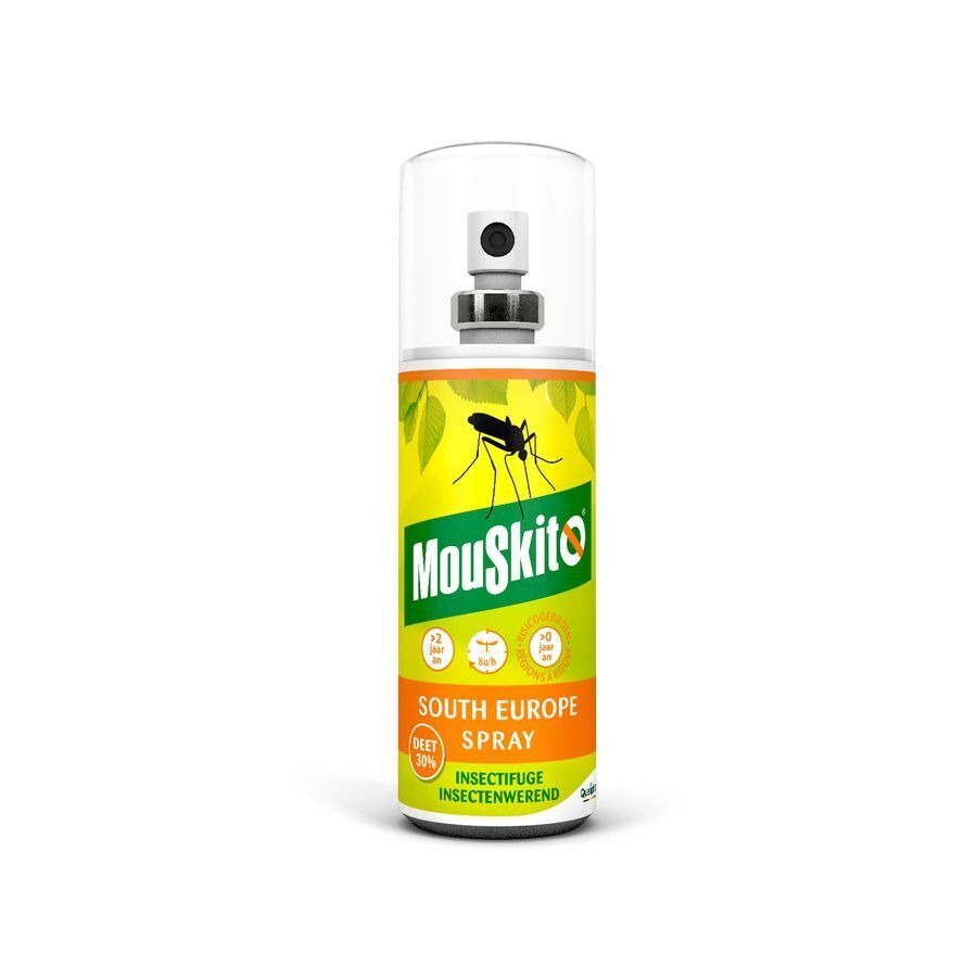 Aerosol can of MouSkito South Europe insect spray, DEET 30% mosquito repellent with spray nozzle