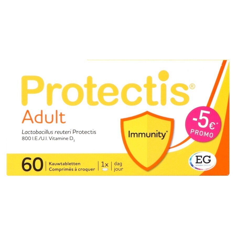 Protectis Adult probiotic chewable tablets box, 60 count, Lactobacillus reuteri with vitamin D3 for immunity, -5€ promo