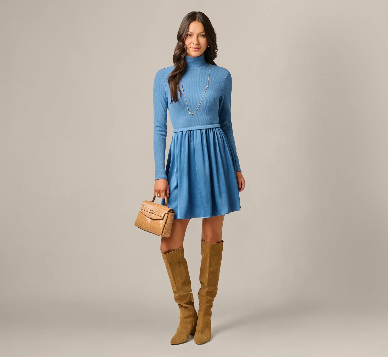 Image of Long Sleeve Amelia Short Dress In Steel Blue
