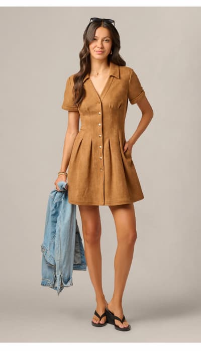 Short Sleeve Microsuede Emma Dress In Camel