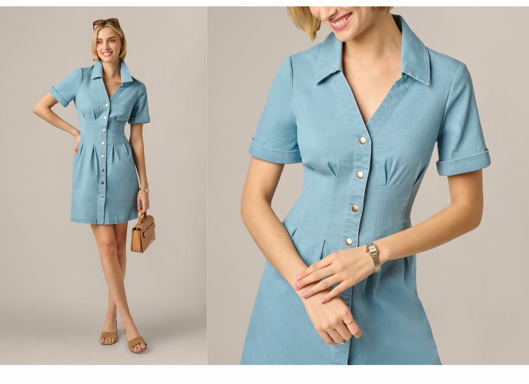 Short Sleeve Cotton Chambray Emma Dress In Chambray Blue