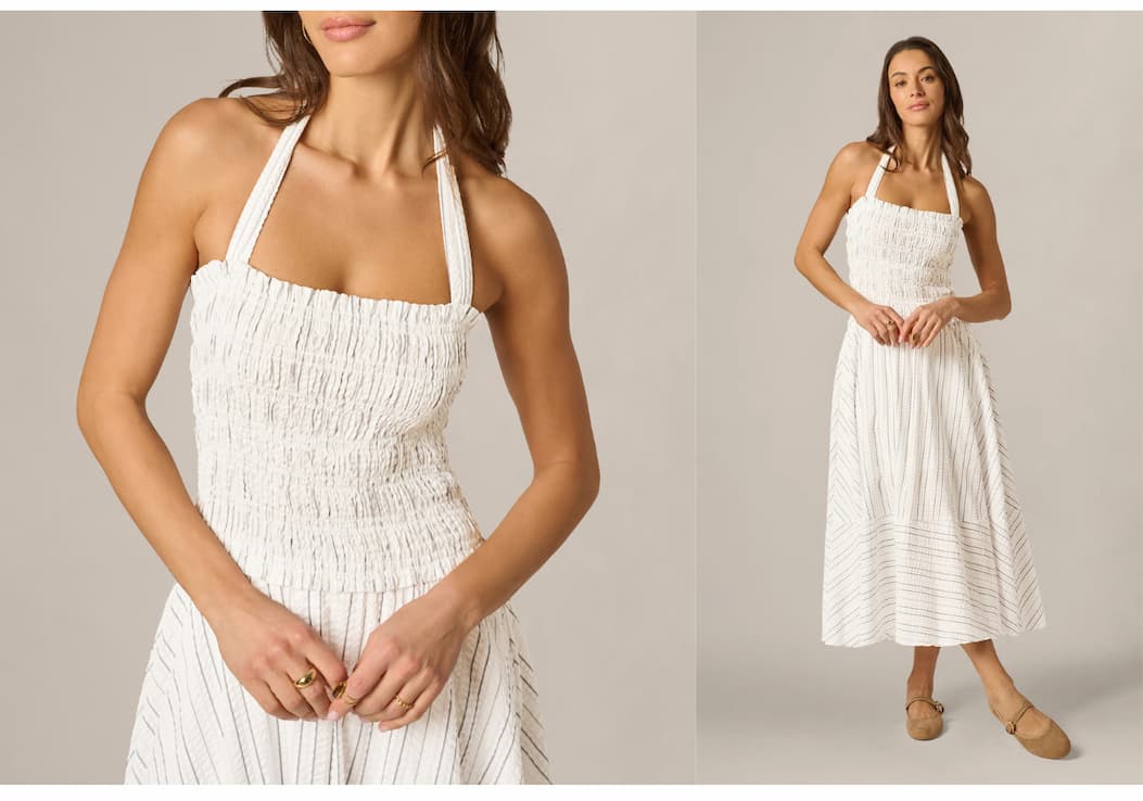 Smocked Seersucker Halter Midi Dress In Ivory Multi