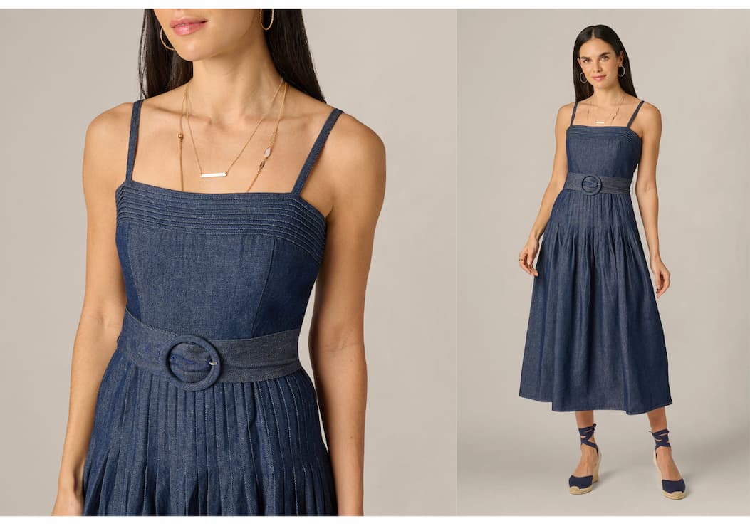 Cotton Denim Drop Waist Belted Midi Dress In Dark Denim