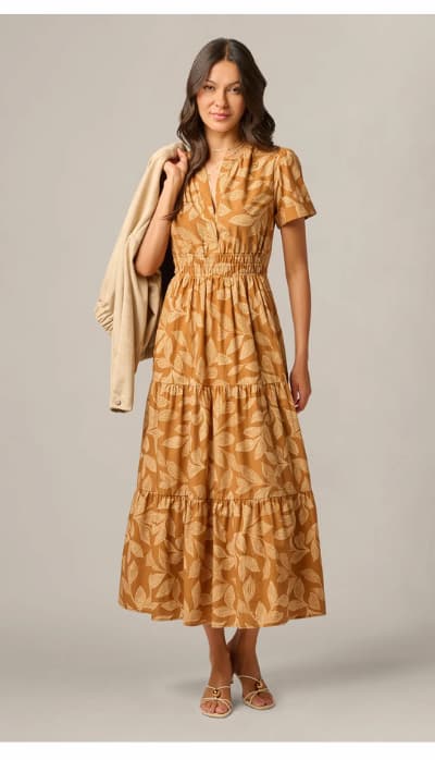 Short Sleeve Sophia Tiered Midi Dress In Cognac Multi