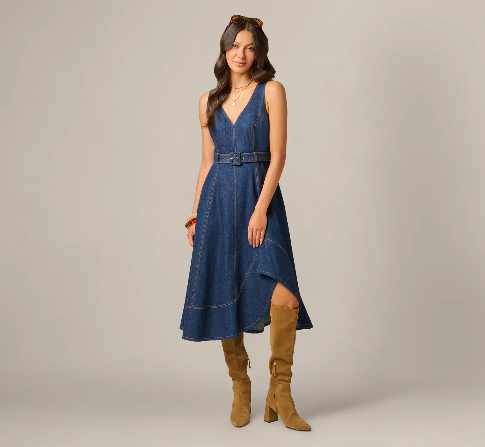 Image of Denim Hitch Hem Everyday Midi Dress In Navy