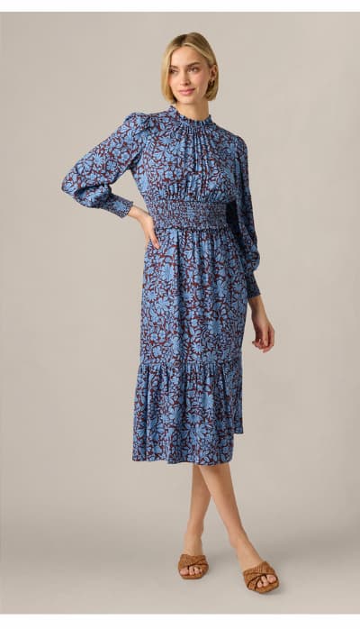 Long Sleeve Floral Print Mia Midi Dress In Brown Blue