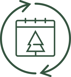 Icon showing a calendar with a Christmas tree inside, surrounded by circular arrows.