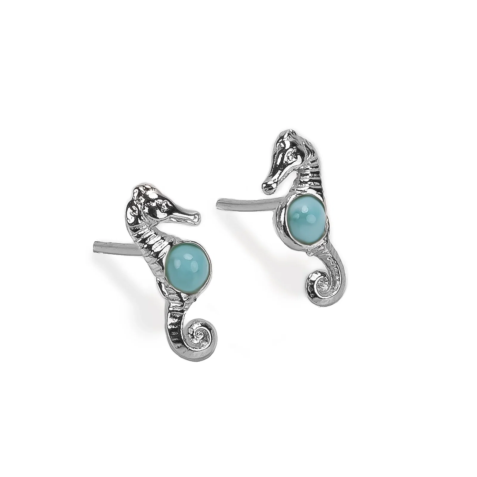 Image of Miniature Seahorse Stud Earrings in Silver & Larimar