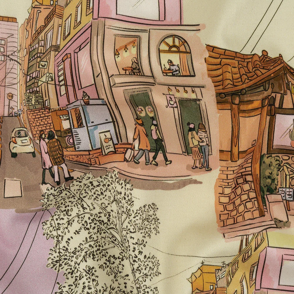 Image of Stretch Cotton Sateen - Multicolor Streetscapes and Trees - Growing Roots Print - Mood Exclusive Wisteria Collection