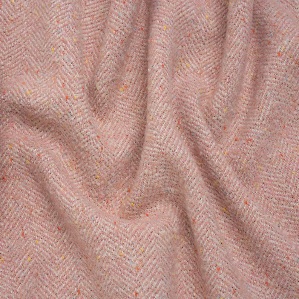 Image of Wool Blend Chevron Twill Tweed with Clear Baby Sequins - Pink and White with Rainbow Flecks