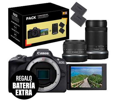 Pack Fnac Cámara EVIL Canon EOS R50 + RF-S 18-45mm f/4.5-6.3 IS STM + RF-S 55-210mm f/5-7.1 IS STM + Batería 