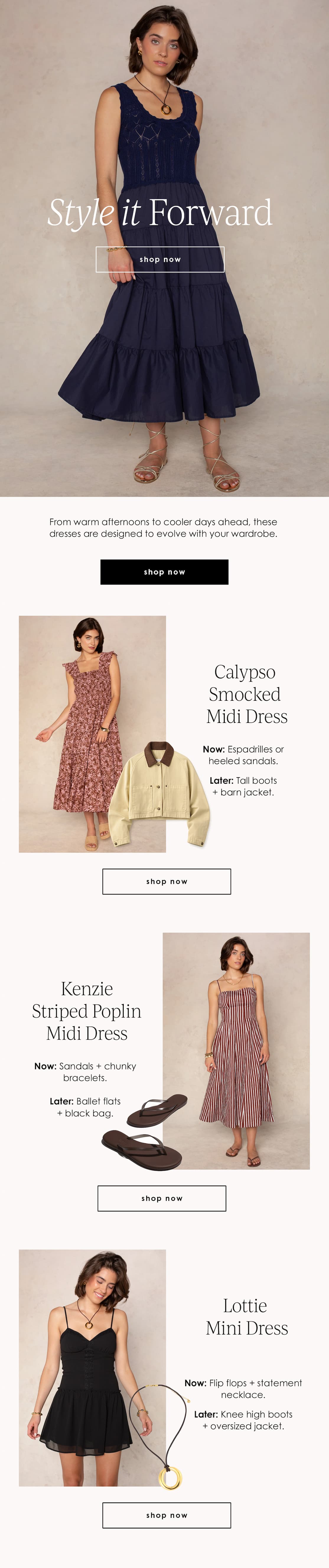 Email graphic titled “Style it Forward,” featuring models in navy, floral, striped, and black dresses with styling suggestions for transitioning each look into cooler weather.