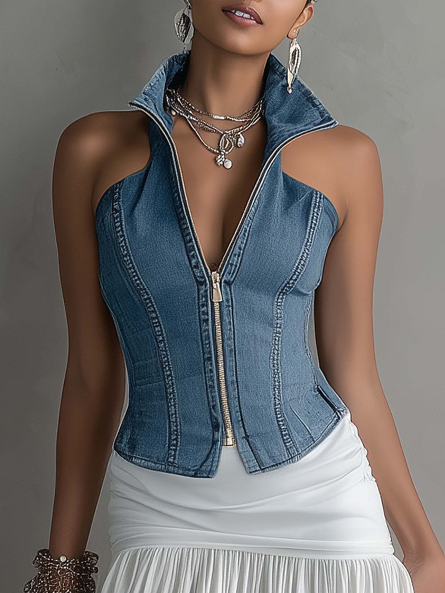 Urban Plain Zipper Shawl Collar Denim Top