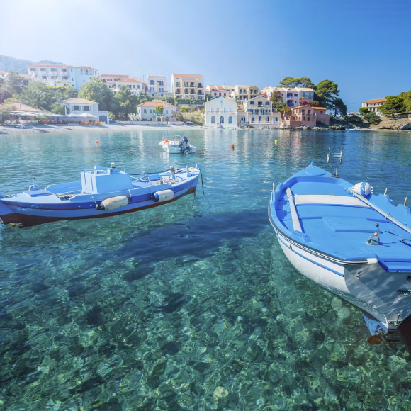 Boat in Assos on Kefalonia Island., Greece. Linking to ba.com.