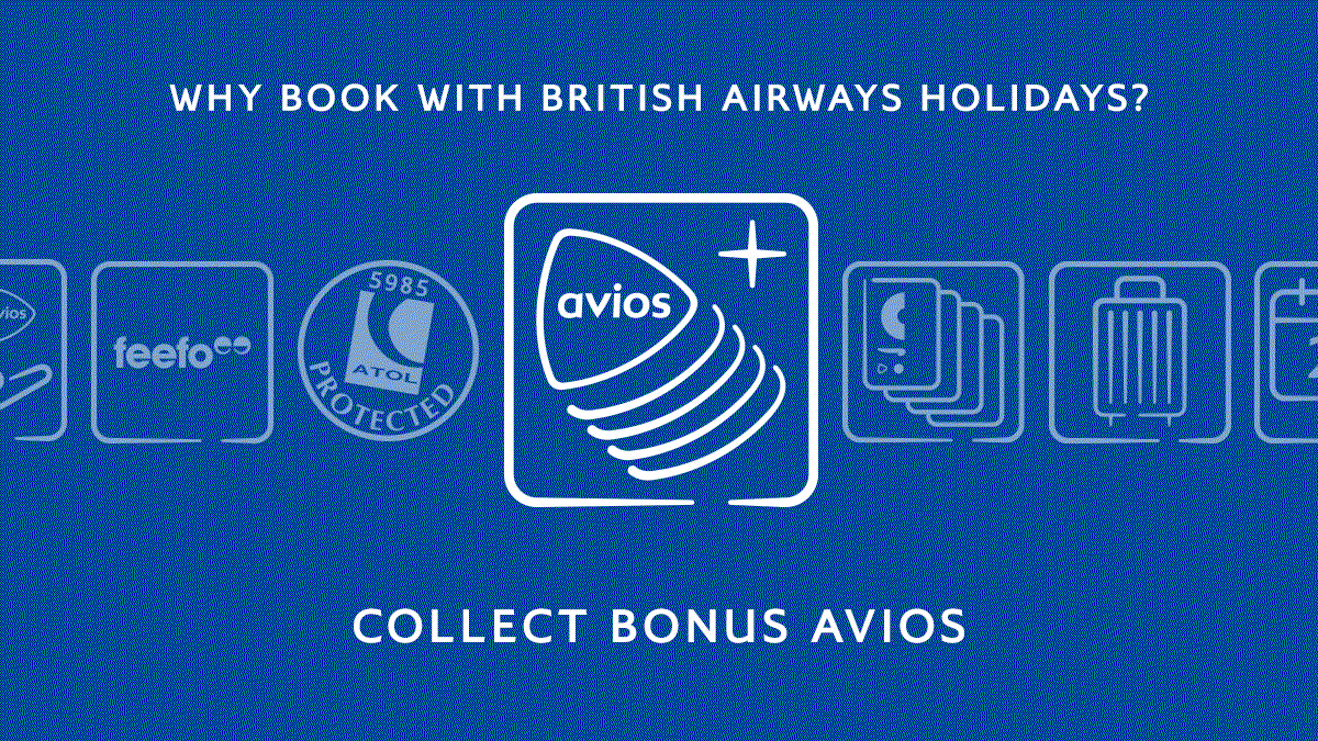 Rotation of icons showing different benefits of booking with British Airways Holidays, linking to ba.com.