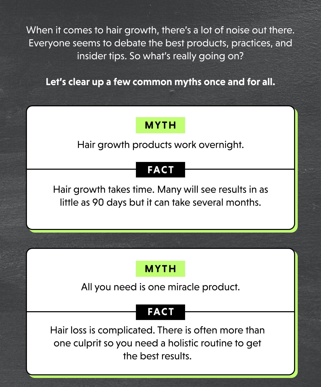 When it comes to hair growth, there’s a lot of noise out there. Everyone seems to debate the best products, practices, and insider tips. So what’s really going on? MYTH 	Hair growth products work overnight.  	FACT Hair growth takes time. Many will see results in as little as 90 days but it can take several months. MYTH 	All you need is one miracle product.  	FACT Hair loss is complicated. There is often more than one culprit so you need a holistic routine to get the best results. 