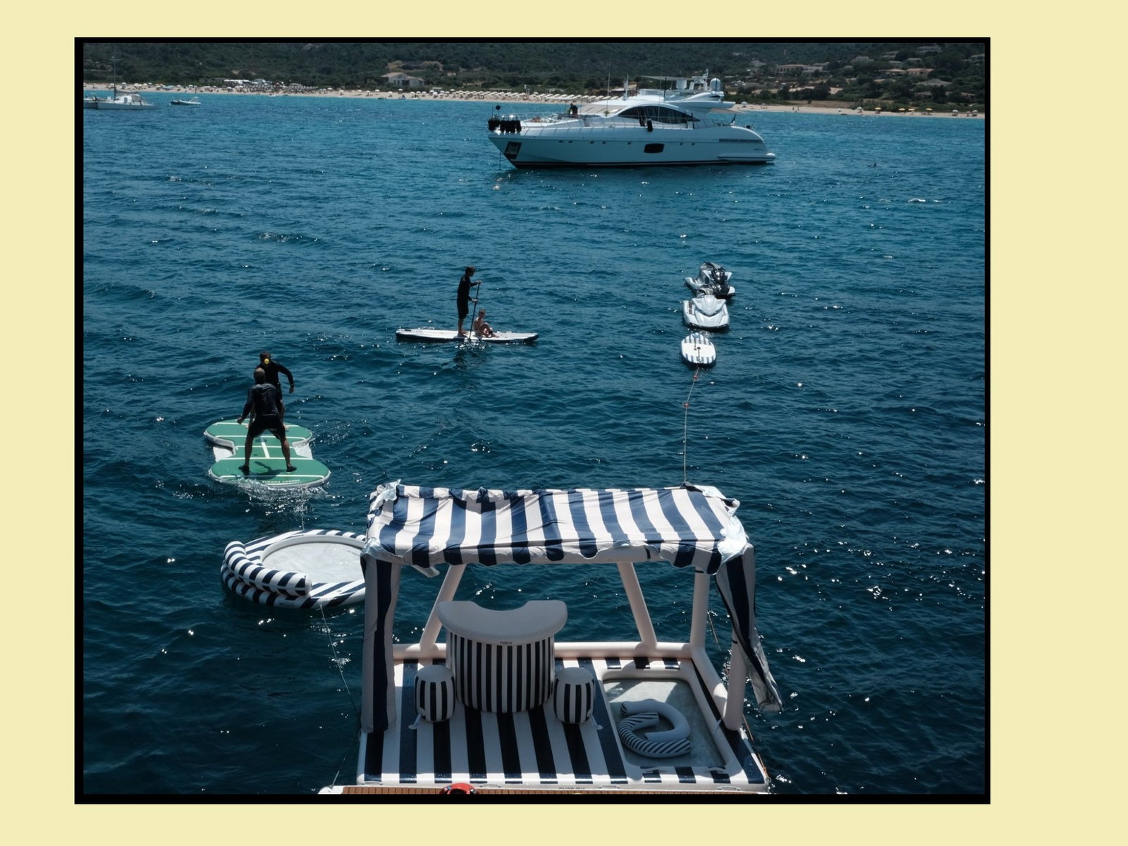 The full Funboy set up in the Mediterranean Sea: Paddle Tennis Island, Leisure Island, Giant Cabana Island, Paddle Boards