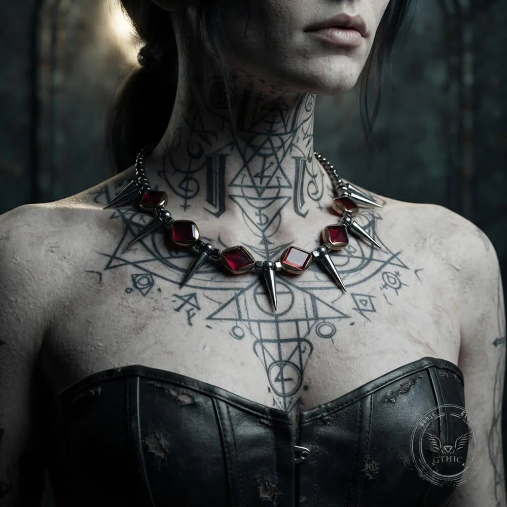 Image of Dark Gothic Studded Gem Stainless Steel Clavicle Necklace
