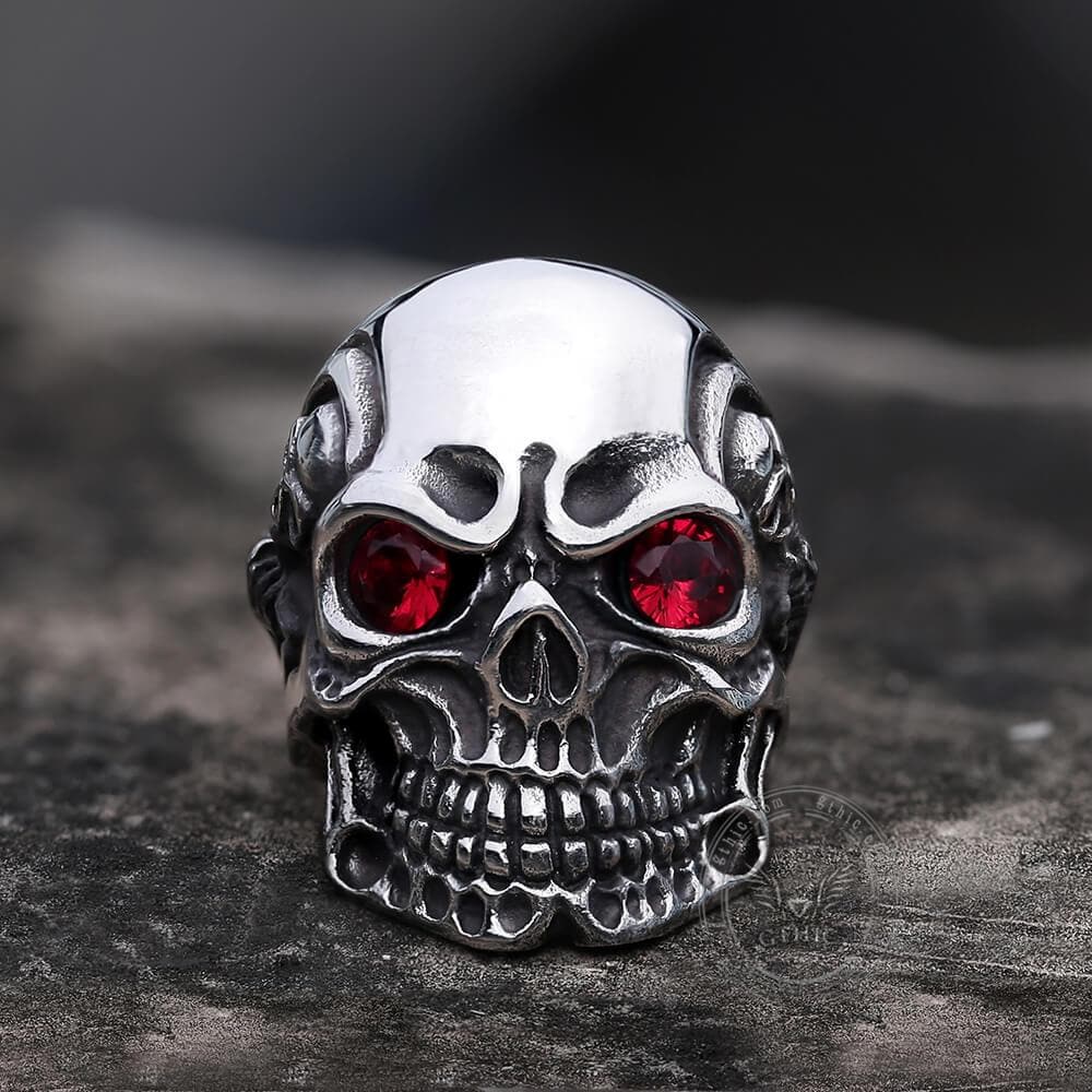 Image of Ruby & Sapphire Eye Stainless Steel Skull Ring