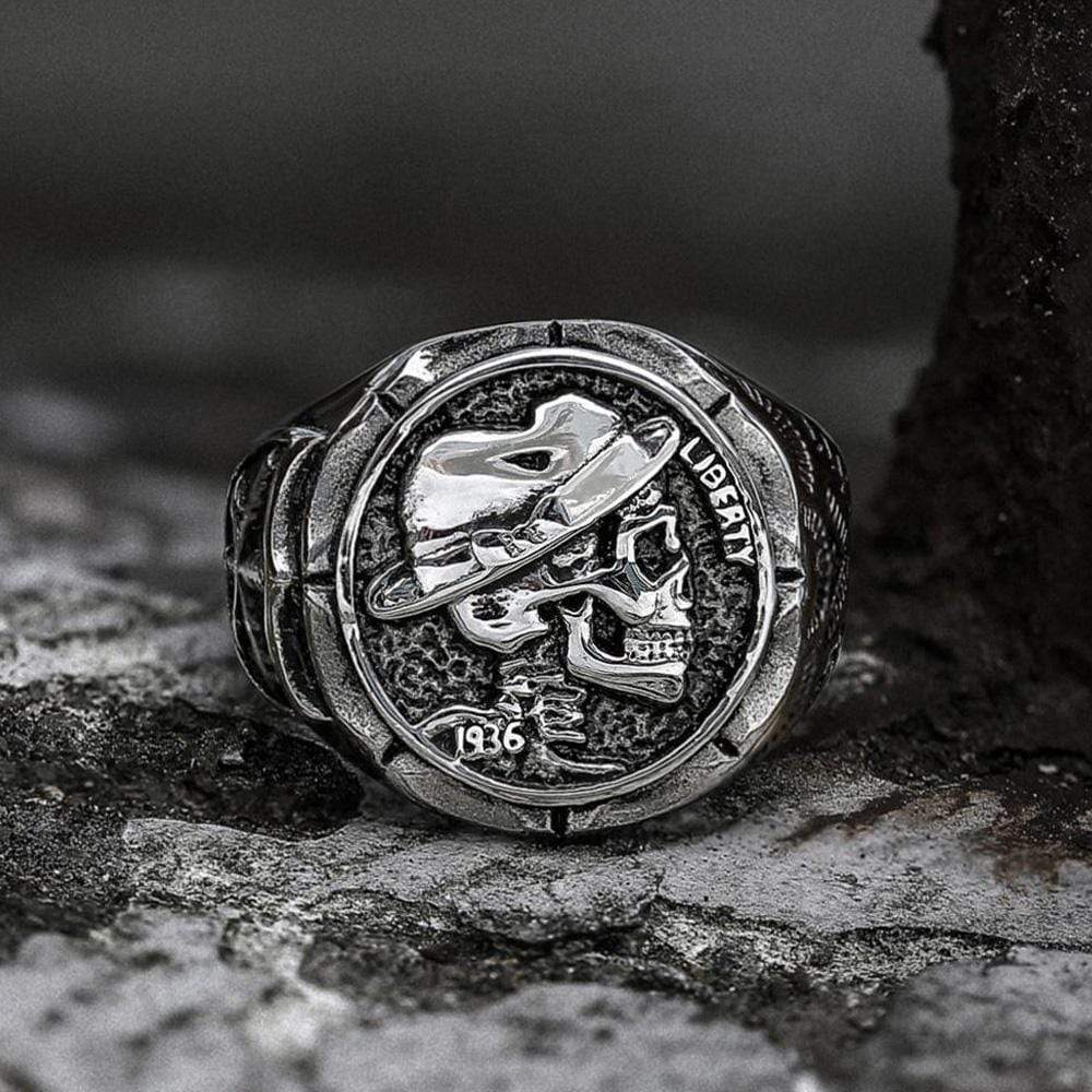 Image of 1936 Hobo Nickels Liberty Stainless Steel Skull Ring